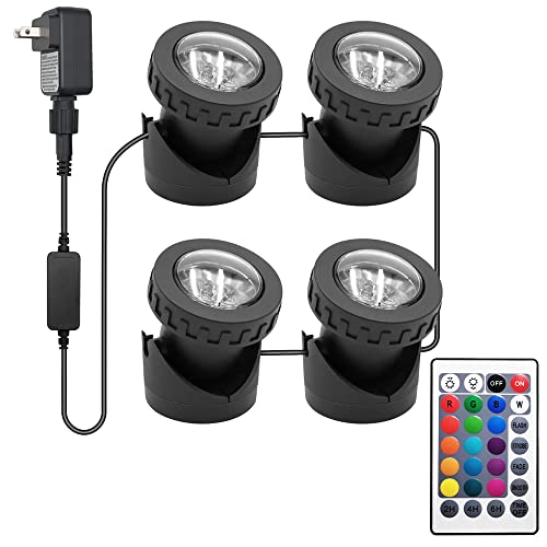 Colored Pond Lights With Timer, Rgb Fountain Lights Underwater Light Ip68 Waterproof, Dimmable Outdoor Landscape Lights Fish Tank Pond Fountain Garden(4 Lights) #TOP16