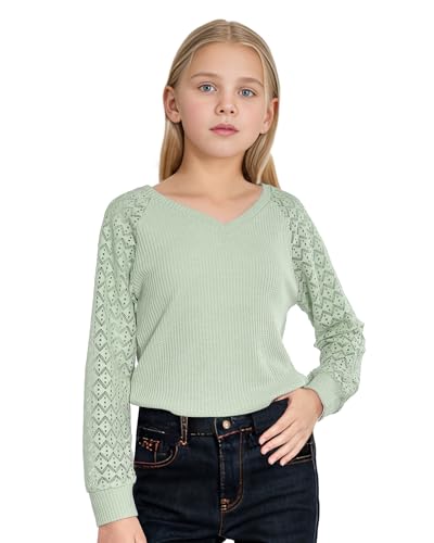 KEREDA Girls Long Sleeve Shirts Lace V-Neck Knitted Pullover Casual Blouses Tops 5-14 Years2