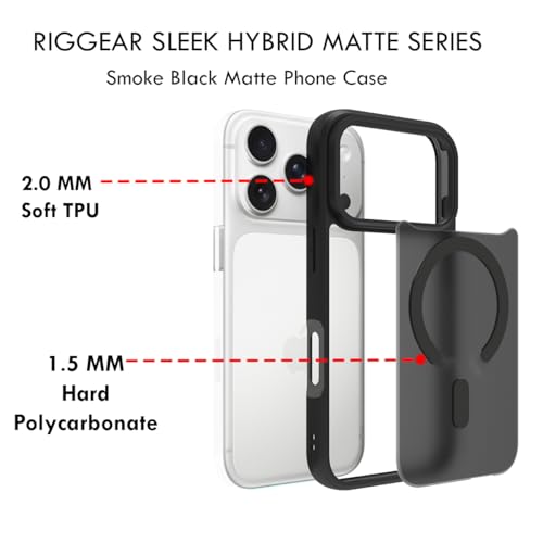Image of RIGGEAR Shockproof Sleek Hybrid Armor Magnetic Back Cover Case Compatible with MagSafe Accessories for iPhone 17 Pro (Smoke Black Matte PC + Black TPU Bumper)