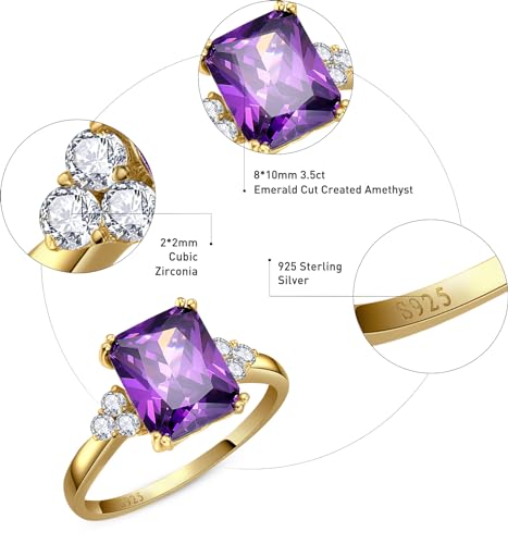 Women's Purple Ring 925 Sterling Silver Amethyst Ring 14K Gold Plated Amethyst Engagement Ring February Birthstone Rings Prong Setting Cubic Zirconia Size 94