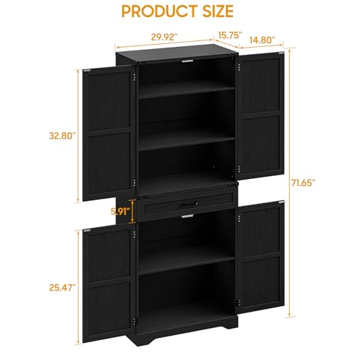72\" Kitchen Pantry Storage Cabinet, Farmhouse Storage Cabinet with Adjustable Shelves, Large Capacity Storage Cabinet with Drawer,Freestanding Cupboard for Kitchen, Dining Room, Living Room, Black