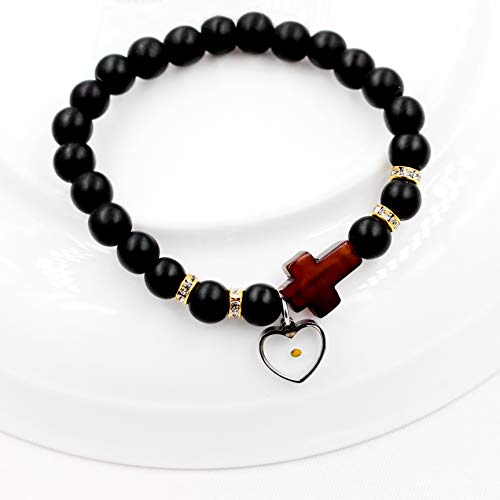 Image of Uloveido Black Agate Side Cross Bracelet Mustard Seed Charms, Personalized Letter A-Z Tiger's Eye Bangle Y944