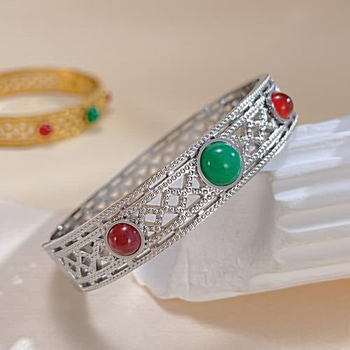 Image of Fashion Vintate Natural Turquoise Stone Bracelet Stainless Steel Hollow Out Cuff Bracelet