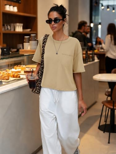 Image of ATHMILE Womens Crop Tops Workout Shirts Gym Oversized Spring Summer Basic Tees Short Sleeve Casual Loose Drop Shoulder 2026