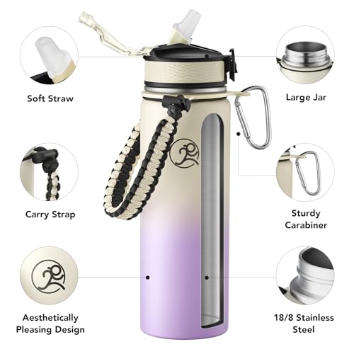 Image of GOSWAG 24oz Insulated Stainless Steel Travel Water Bottle, 2 Lids | with straw and no straw, Paracord handle, Double-wall vacuum keeps drinks cold or hot, Leakproof tumbler