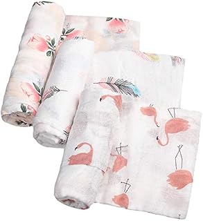 RONGRONG 3 Packs Bamboo Muslin Swaddle Blankets, 120 x 120 cm Large Soft Baby Swaddle Wrap, Baby Receiving Blankets (Floral & Flamingo & Feather Print)