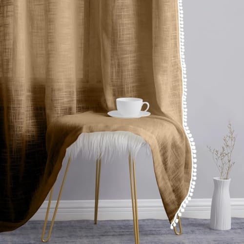 Image of THE LINEN COMPANY Cotton Sheer Curtain with Pom Pom Lace Border Transparent Net Curtain Eyelet Light Filtering Window Door Living Room Curtain Beige 7.5 Ft Pack of 1