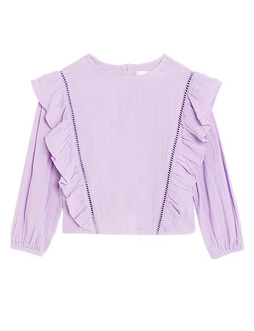 Image of Marks & Spencer Girls Solid Cotton Round Neck Regular Fit Top