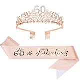 Exipsat Juego de corona y fajín para 60 cumpleaños – Tiara de oro rosa con estrás y banda brillante '60 y fabuloso' – Accesorios de reina de cumpleaños para mujeres decoraciones de fiesta