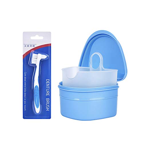 Denture Bath Box Cup and Toothbrush with Strainer Basket, False Teeth Storage Box Holder, Retainer Cleaning Box (Blue)