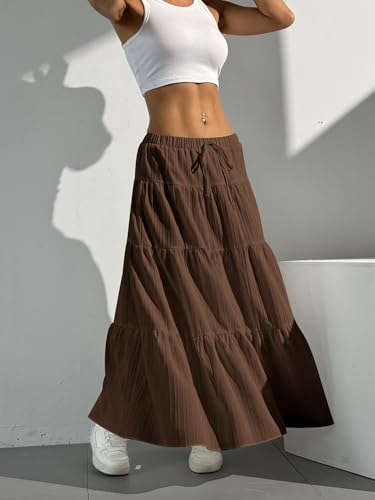 Image of Verdusa Women's Long Maxi Skirt Boho Flowy Flared Ruffle Skirts 2026 Beach Vacation Summer Going Out Outfits