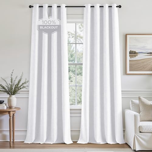 Image of HOMEIDEAS 100% Blackout White Linen Curtains 52W x 84L 2 Panels