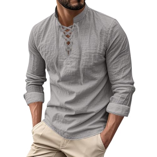Image of Linen Shirts Men Casual Lace Up V Neck Tshirt Regular Fit Long Sleeves T-Shirts Eyelet Linen Solid Tshirt Breathable Lightweight Tops Grey