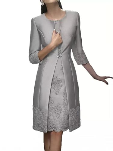 Sheath/Column Mother of The Bride Dress Wedding Guest Vintage Jewel Neck Satin Jacket Dresses with Appliques 20242