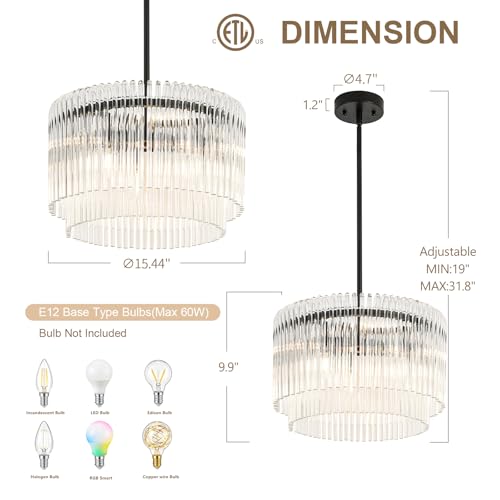 Image of 15.44 inch Drum Chandeliers Dining Room Black Modern Round Glass Brushed Nickel Chandelier 6-Lights with Crystals for Living Room Kitchen Island Entryway Foyer Stairway Light Fixture