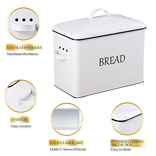 Extra Large Bread Box With 2 Lids - Metal & Bamboo Lid - White Metal Bread Box For Kitchen Countertop - Holds 2+ Loaves - Farmhouse Bread Box - Bread Storage Ventilation Holes - Xxl Bread Bag #TOP4