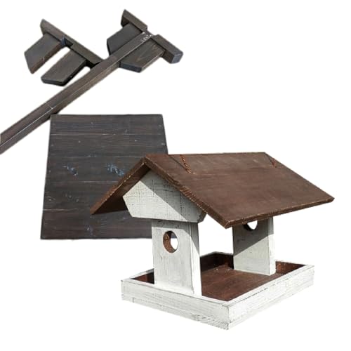 エイジングアンティーク調 三角屋根のバードフィーダー 本体と据え付け用天板 & 杭のセット (本体とオプションのセット) セット品