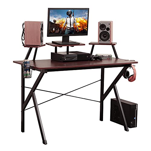 Recording Studio Desk Workstation, Music Production Studio Desk, 47 inches Gaming Computer Desk with Adjustable Support Panel, Cup Holder, Basket Hook, Walnut YX001-120-WA