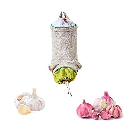 Mastrad Gemüseaufbewahrungsbeutel - beidseitiges Kordelzug-Design - Frischhaltebeutel aus Baumwolle und Leinen - Beutel zur Aufbewahrung von Knoblauch, Zwiebeln und Tomaten, Gelb