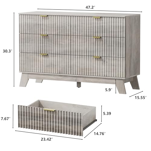 Image of 6 Drawer Dresser for Bedroom, Fluted Dressers Chest of Drawers with Gold Handle, Mid Century Modern Dresser for Closet, Wood Closet Storage Organizer Furniture for Bedroom, Living Room, Hallway, Grey