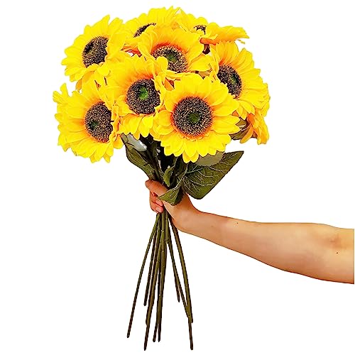 cutepul 8PCS Artificial Sunflowers Long Stem Silk Fake Yellow Sunflower Decoration for Outdoor Garden Home Wedding Birthday Party Single Bulk Decor
