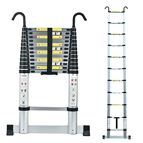 3,8M Teleskopleiter mit Stabilisator, Rutschfester Klappleiter Aluminium Ausziehleiter Mehrzweckleiter, 150 kg Belastbarkeit