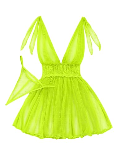 Image of Lilosy Sexy Polka Dots Mesh Sheer Lace Babydoll Chemise Lingerie Set Floral Sleep Wear