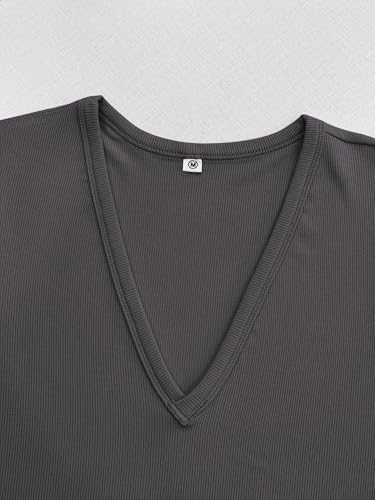 Image of Albe Rita Women Short Sleeve T-Shirt Cap V Neck Shirts for Women Ribbed Casual Top Knit Slim Fit for Summer