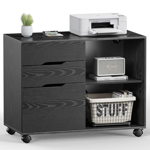 DUMOS Lateral File Cabinet with 3 Drawers Rolling Filing Cabinets Under Desk Storage Printer Stand Wood Organizer with Wheels Adjustable Shelf for Office Home Small Space, Black by DUMOS - Used condition - US$58.96