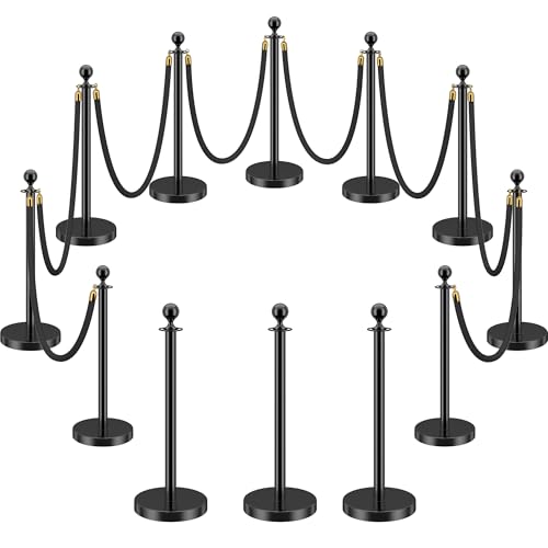 Image of LOVMOR 12Pcs Black Stanchion Posts Queue with 8pcs Black Velvet Rope, Crowd Control Barriers Queue Line Rope, Crowd Control Stanchion for Party Supplies