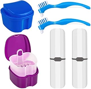 Denture Case Kit, 2 Denture Cup with 2 Denture Brush & 2 Portable Brush Box, Denture Bath Cup with Strainer & Lid for Travel, Storage Soak Container Retainer Cleaner (Blue & Purple)