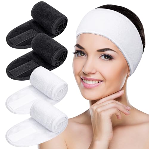 MELLIEX 4 Pezzi Fascia per Capelli Donna Trucco Regolabile Fasce Spugna Cerchietto Accessori per Capelli per Skincare Spa Yoga Doccia(Nero Bianco)