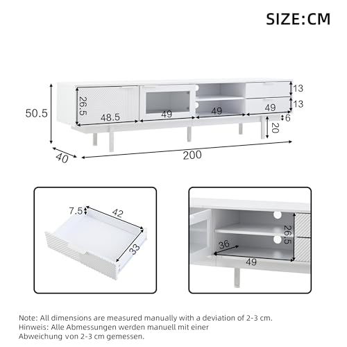 Mueble TV de madera blanco de 200x40x50.5 cm para salón moderno 8