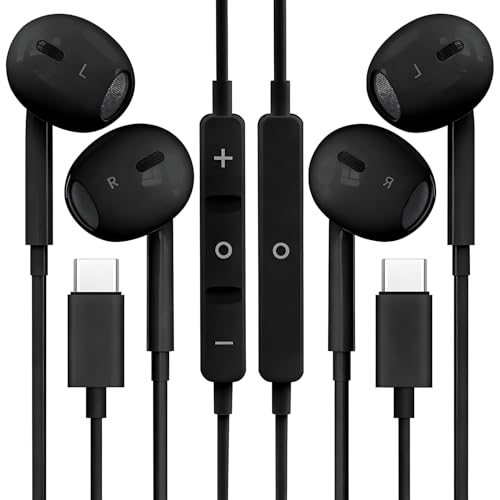 2 Packs USB C Headphones for iPhone 16/15 Phone Earbuds with Microphone & Volume Control HiFi Stereo Type C Earphones for Galaxy S23/S22/S21/S20/Ultra Note 10/20, for Pixel 7/6/6a/5/4,for OnePlus 9 8