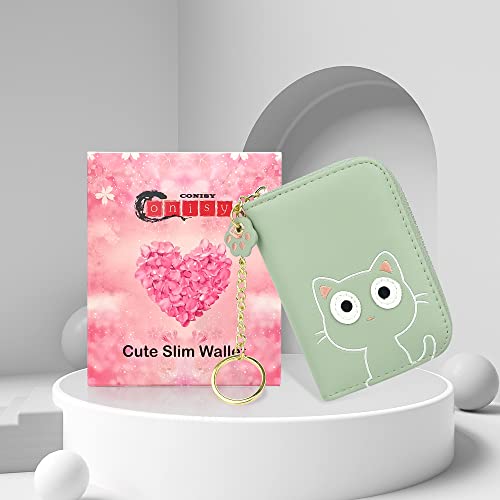 Image of CONISY Cute Small Women Credit Card Holder Wallet with Keychain Wristlet (green cat)