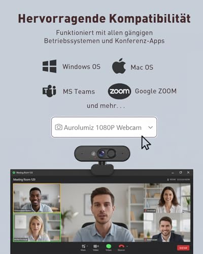 Aurolumiz 1080P FHD Webcam mit Dualem Privacy-Schutz (Stummschaltung & Abdeckung), Kristallklarem Mikrofon, Natürlicher Bildqualität, Ausziehbarem Stativ,für PC, Laptop, Zoom, Teams, Windows, macOS.​