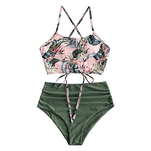 ZAFUL Sunflower Bikini Set Padded Lace Up Ruched Tankini High Waisted Bathing Suit (Palm Green, M)