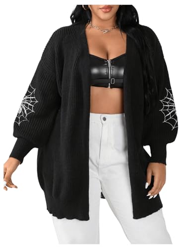 GORGLITTER Women's Plus Size Spider Web Oversized Cardigan Sweaters Embroidered Open Front Long Cardigans Fall Outwear