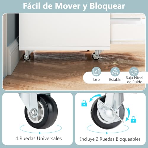 Miniatura 5 de Costway Cajonera Con 5 Cajones, Cajonera Escritorio Con Ruedas, Archivador Móvil De Oficina, 50x42x67cm, Blanco