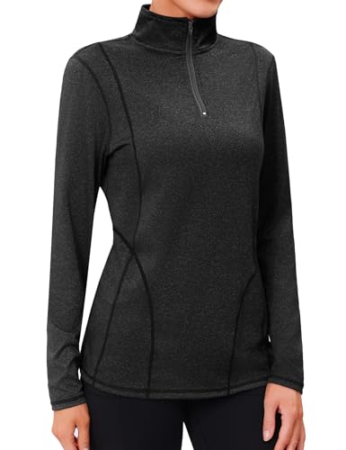 Terecey Camiseta Deportiva Mujer Manga Larga con Cremallera Top Deportivo Cuello Alto Ropa Deporte Secado Rapido Camiseta Running Mujer para Fitness Senderismo Gimnasio, Negro, M