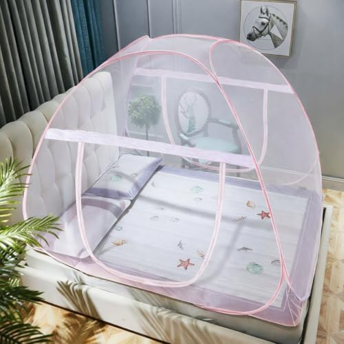 Image of Rainspire Foldable Mosquito Net for Double Bed King Size - Breathable Fine Mesh, with Handle, Heavy Duty Portable Collapsible Mosquito Protection Net for Bedroom Indoor Use - Pink