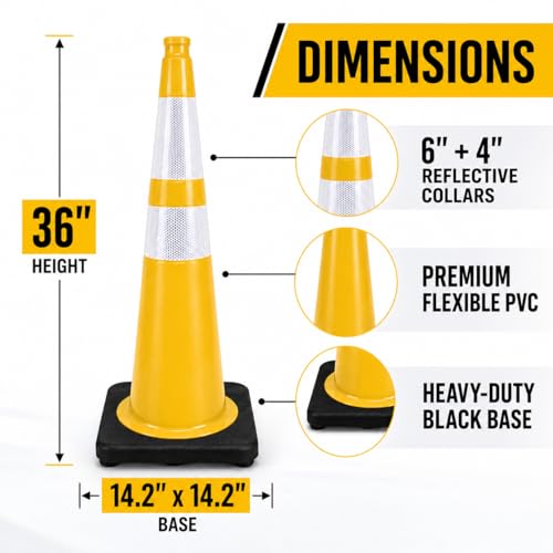 Image of BESEA 8 Pack 36 Inch Yellow Traffic Cones with Wide Weighted Base