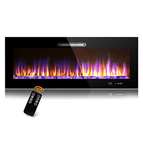 BEYOND BREEZE 50 Inches Electric Fireplace, Wall Mounted and Recessed Fireplaces Inserts with Adjustable Flame Color, Log and Crystals 9 Color Combinations, LED Touch Screen and Remote Control