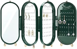 Earring Holder with Mirror, Foldable Earring Display Stand Organiser Holder Earring Studs Storage Jewellery Rack Hanger Box Earring Bracelet Necklace Storage Case 153 Earring Slots, 24 Notches, GREEN