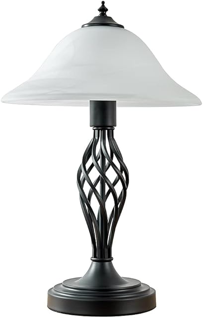 MiniSun Traditional Style Satin Black Barley Twist Table Lamp with a Frosted Alabaster Shade