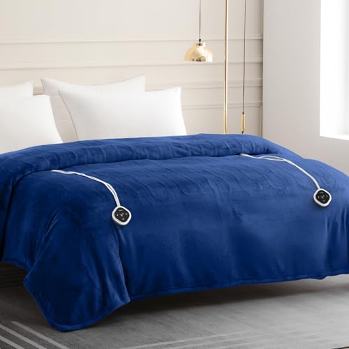 Image of HOMLYNS LuxeHeat Heated Blanket Electric Blanket King Size, Soft Flannel Sherpa Heating Blanket with 10 Heat Settings, 1-10 hrs Timer Auto Shut Off (90x100 inches, Navy), Only for 120V Voltage Use