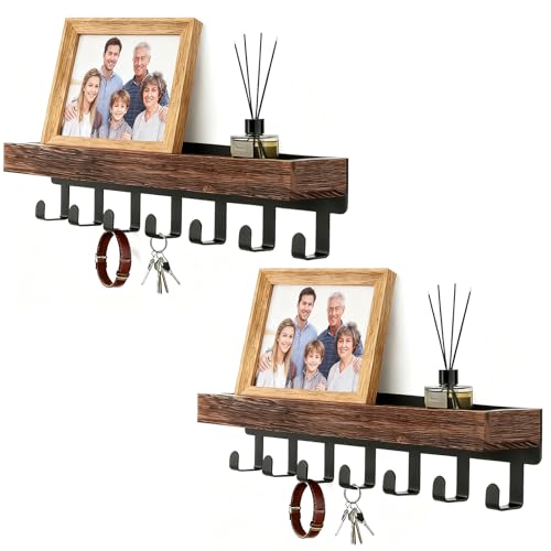 LOPYXBR 2 Packs Key Holder for Wall, 24.5x6.1x6cm Key Holder with Wood Tray and 6 Hooks, Keys Rack with Storage Shelf Adhesive, Shelf with Hooks for Hallway, Entryway, Bedroom, Office, Hallway