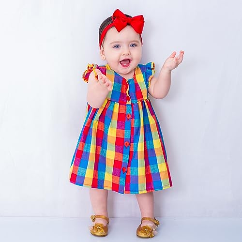 Vestido de Bebê Menina Luxo Xadrez com Tiara 100% Algodão Mundo Nina Kids Isis Tamanho:M (4-6 Meses)