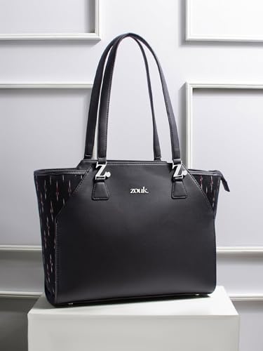 Image of ZOUK Printed Jute Handcrafted Vegan Leather Black Women's Check-point Friendly Classic Business Bag
