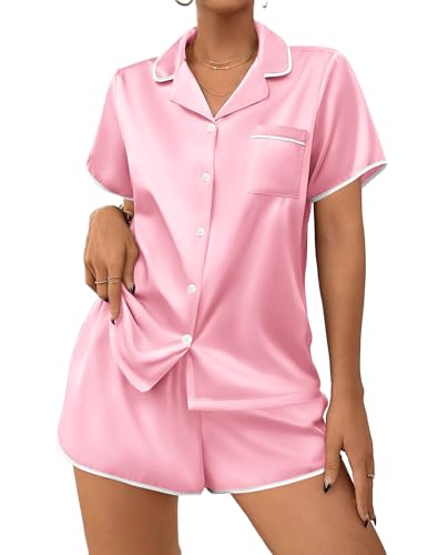 Image of Ekouaer Womens Satin Pajamas Set 2 piece Silky Buttton Down Short Pjs | Silk Notch Collar Top and Soft Shorts Lounge Set for Sleep, Daily Wear, Home, Wedding, Party